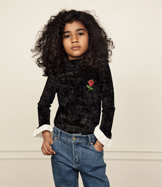 Crushed Velour High Neck Ls Tee Black