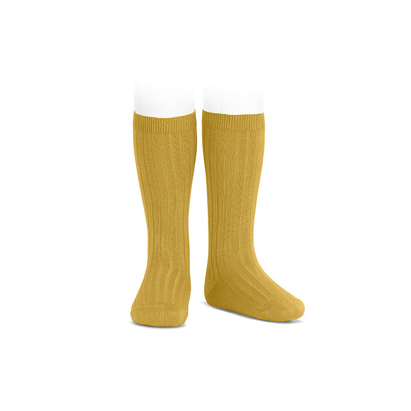 Wide Rib Basic Knee Socks Mustard