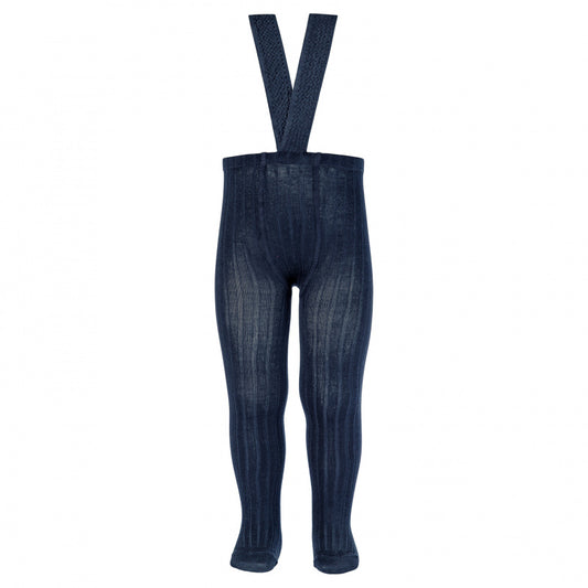 Rib Tights With Elastic Suspenders Navy Blue