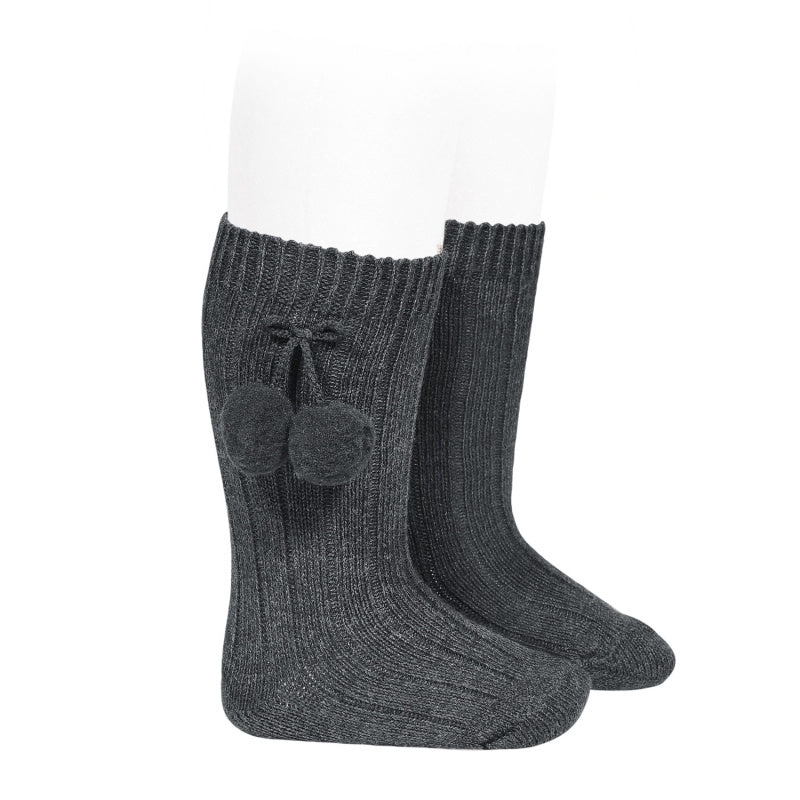 Warm Cotton Rib Knee-High Socks With Pompos Anthracite