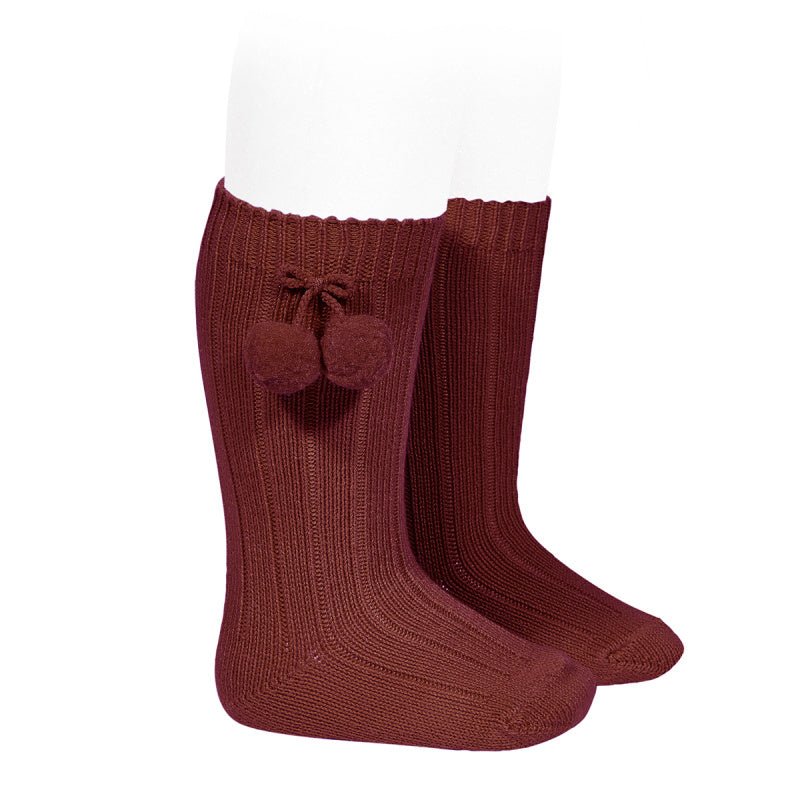 Warm Cotton Rib Knee-High Socks With Pompos Burgundy