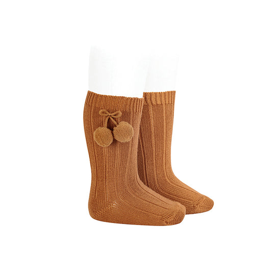 Warm Cotton Rib Knee-High Socks With Pompos Cinnamon