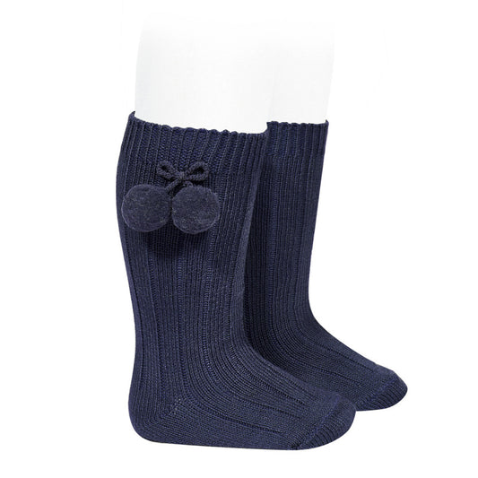 Warm Cotton Rib Knee-High Socks With Pompos Navy blue