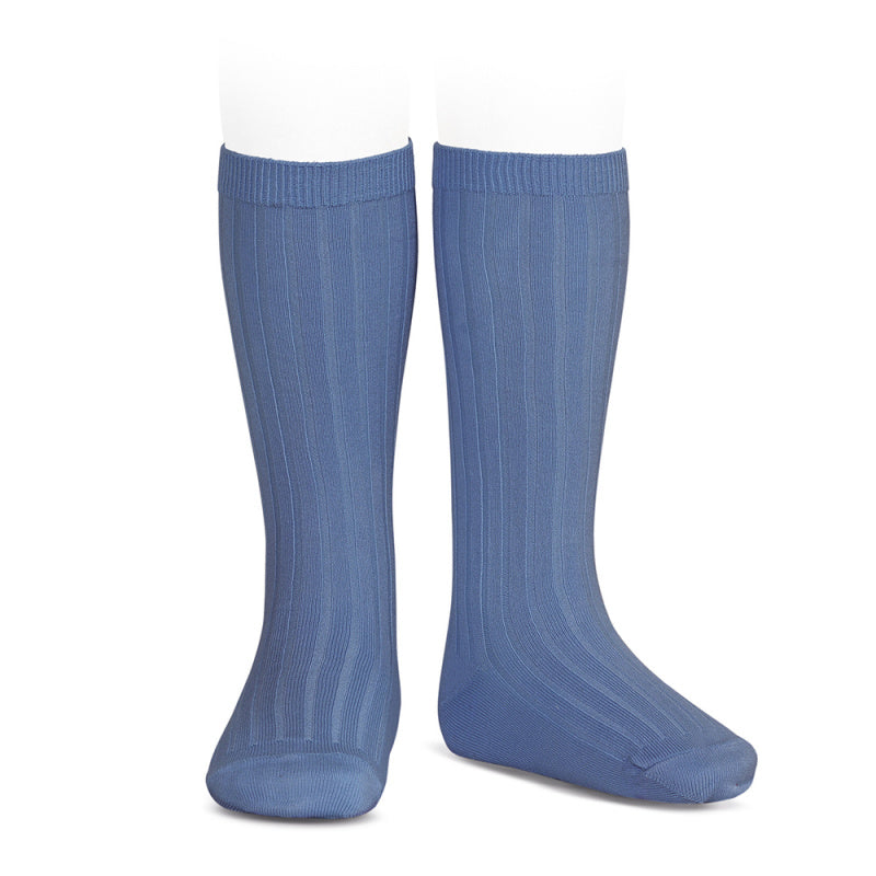 Wide Rib Basic Knee Socks Bluish